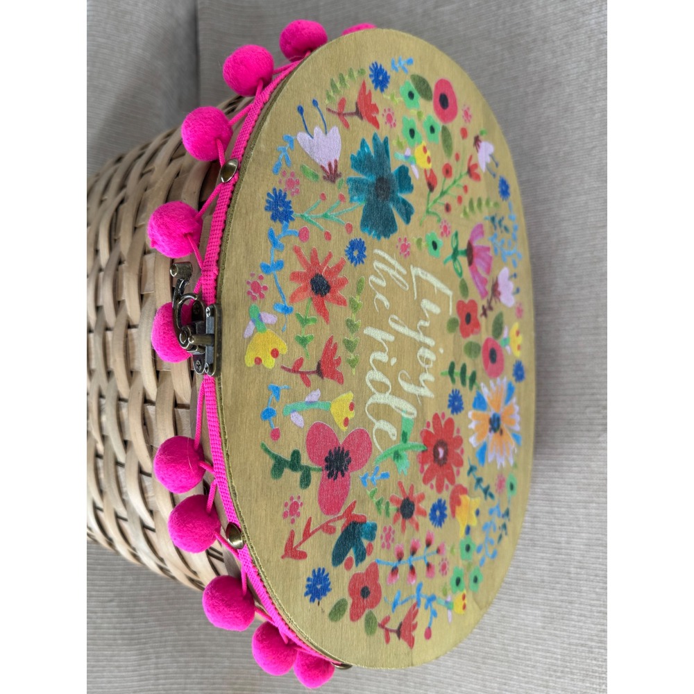 Natural Life Enjoy The Ride Wicker Bicycle Basket Floral Lid Pink Pom Poms NWT